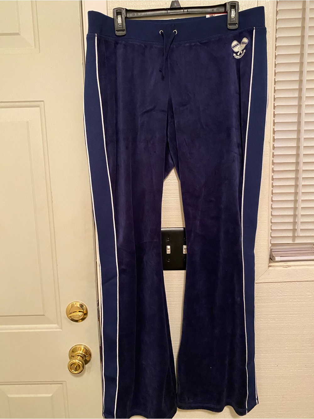 NWT Juicy Couture Navy Blue Velour Track Pants with White Stripe,Size XL